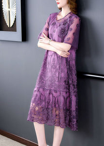 Purple Hollow Out Tulle Holiday Dress Embroideried Nail Bead Summer