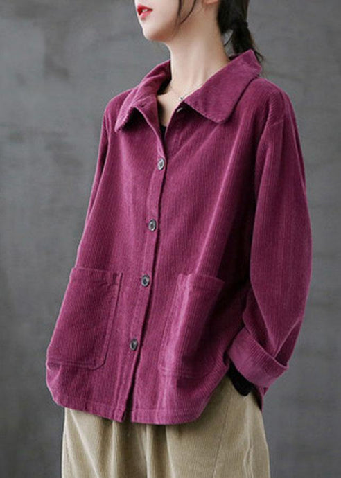 Purple Loose Pockets Shirt Top Long Sleeve Corduroy Coat