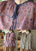 Purple O-Neck Ruffled Button Ramie Shirts Spring