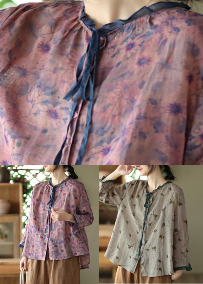 Purple O-Neck Ruffled Button Ramie Shirts Spring