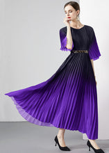 Load image into Gallery viewer, Purple Patchwork Loose Chiffon Long Dress Wrinkled O Neck Summer