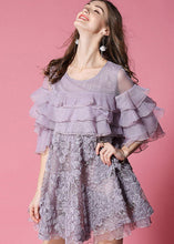 Load image into Gallery viewer, Purple Patchwork Tulle Mid Dress Ruffled Hollow Out Half Sleeve