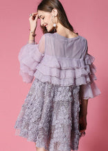 Load image into Gallery viewer, Purple Patchwork Tulle Mid Dress Ruffled Hollow Out Half Sleeve