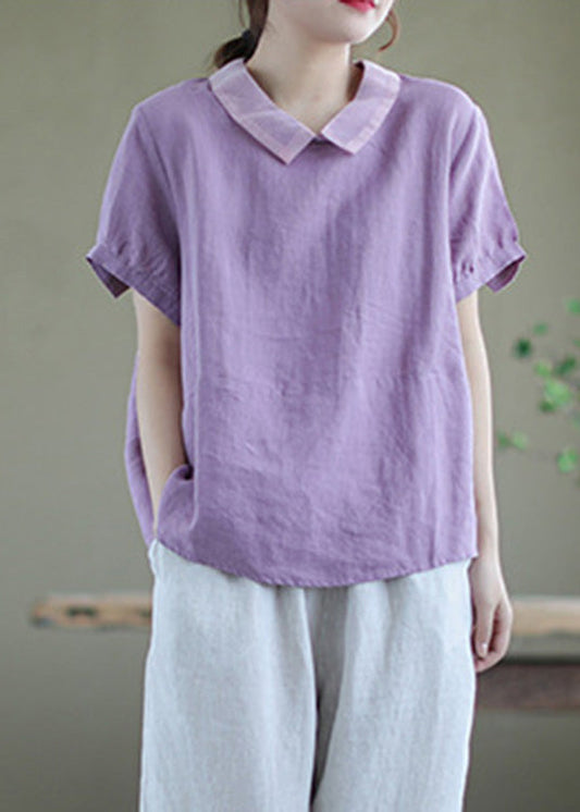 Purple Peter Pan Collar Ramie Top Short Sleeve