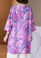 Purple Print Patchwork Linen Shirt Top O Neck Side Open Bracelet Sleeve