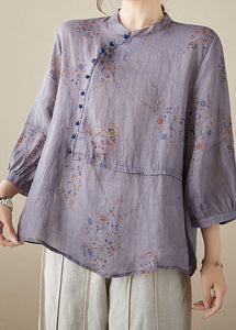 Purple Print Patchwork Linen Shirt Tops Stand Collar Button Summer
