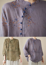 Load image into Gallery viewer, Purple Print Patchwork Linen Shirt Tops Stand Collar Button Summer