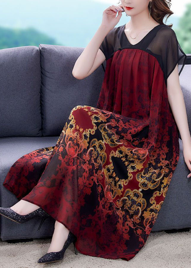 Red Patchwork Chiffon Vacation Dresses Exra Large Hem Print Summer