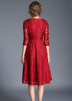 Red Patchwork Loose Lace Dresses O Neck Bracelet Sleeve