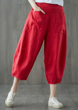 Load image into Gallery viewer, Red Pockets Patchwork Linen Crop Pants Elastic Waist Summer