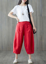 Load image into Gallery viewer, Red Pockets Patchwork Linen Crop Pants Elastic Waist Summer