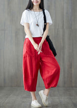 Load image into Gallery viewer, Red Pockets Patchwork Linen Crop Pants Elastic Waist Summer