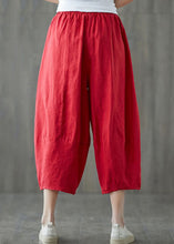 Load image into Gallery viewer, Red Pockets Patchwork Linen Crop Pants Elastic Waist Summer