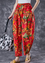 Load image into Gallery viewer, Red Print Cotton Harem Pants Oversized Elastic Waist Summer