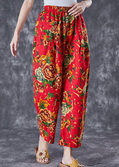 Red Print Cotton Harem Pants Oversized Elastic Waist Summer