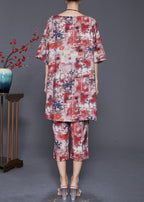 Red Print Loose Linen Silk 2 Piece Outfit Side Open Summer