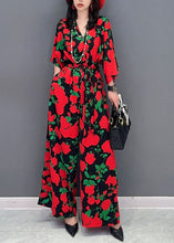 Load image into Gallery viewer, Red Print Patchwork Chiffon Jumpsuits V Neck Tie Waist Summer