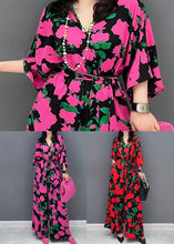 Load image into Gallery viewer, Red Print Patchwork Chiffon Jumpsuits V Neck Tie Waist Summer