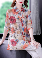 Red Print Silk Shirt Top Turn-down Collar Zircon Short Sleeve