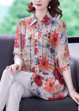 Load image into Gallery viewer, Red Print Silk Shirt Top Turn-down Collar Zircon Short Sleeve