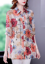 Load image into Gallery viewer, Red Print Silk Shirt Top Turn-down Collar Zircon Short Sleeve