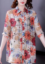 Load image into Gallery viewer, Red Print Silk Shirt Top Turn-down Collar Zircon Short Sleeve
