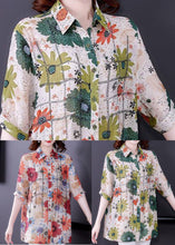 Load image into Gallery viewer, Red Print Silk Shirt Top Turn-down Collar Zircon Short Sleeve
