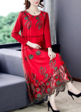 Load image into Gallery viewer, Red Tulle Long Dresses O-Neck Embroideried Spring