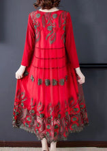 Load image into Gallery viewer, Red Tulle Long Dresses O-Neck Embroideried Spring