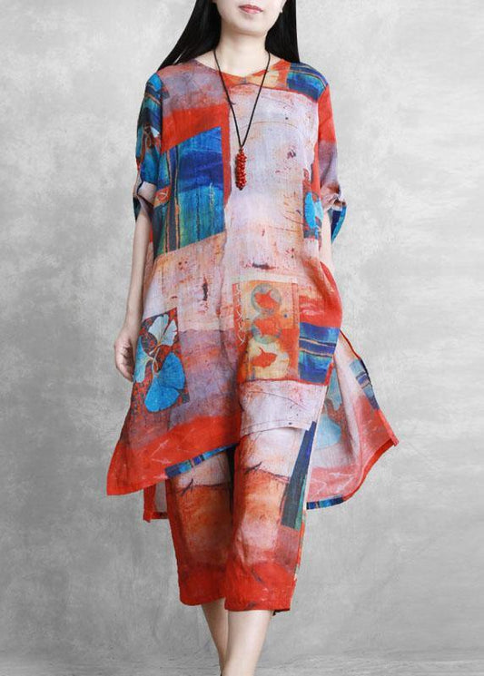 Red printed suit women loose mid-length shirt casual fashion two-piece suit