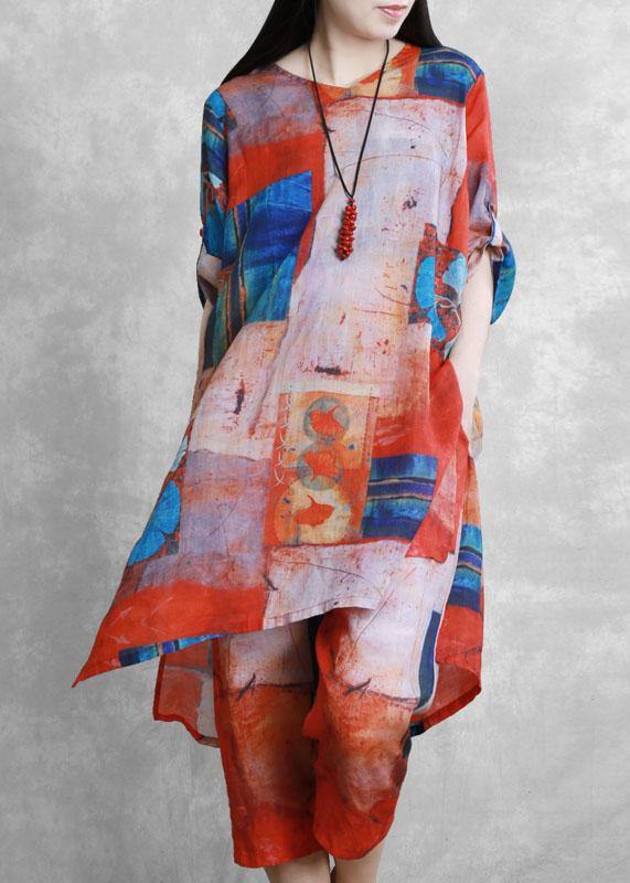 Red printed suit women loose mid-length shirt casual fashion two-piece suit