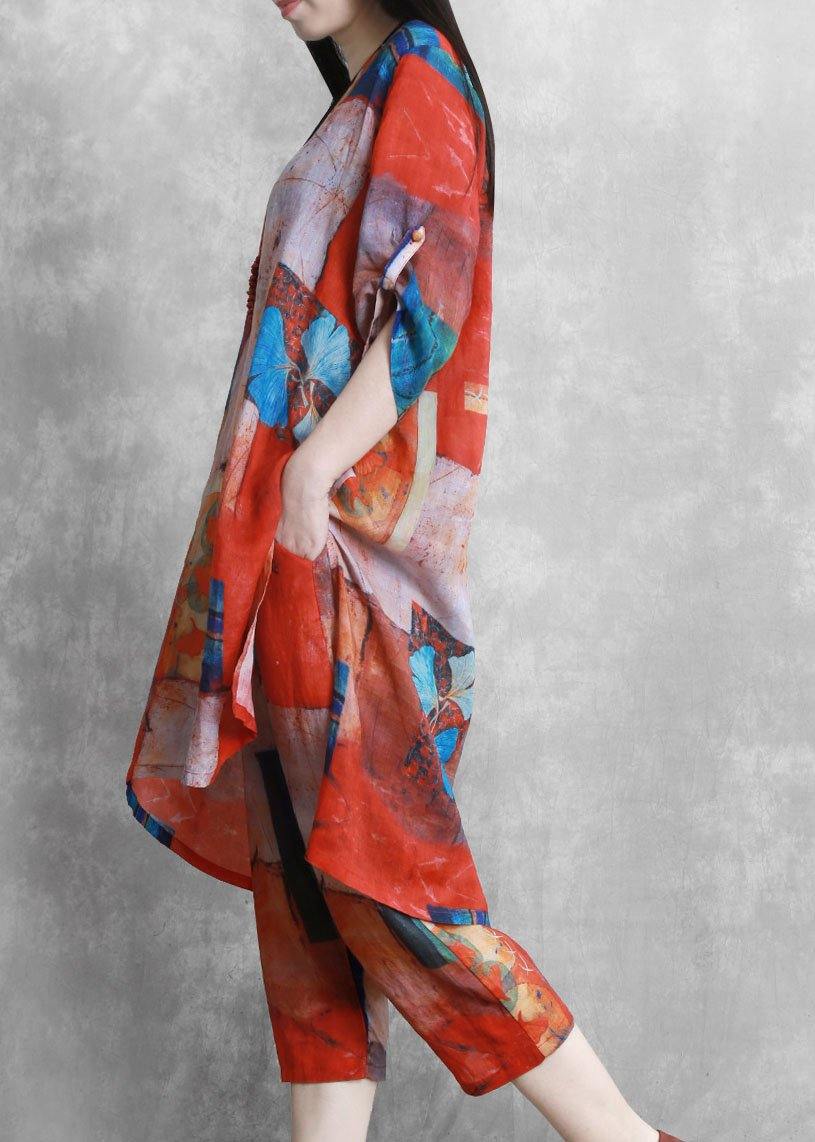 Red printed suit women loose mid-length shirt casual fashion two-piece suit