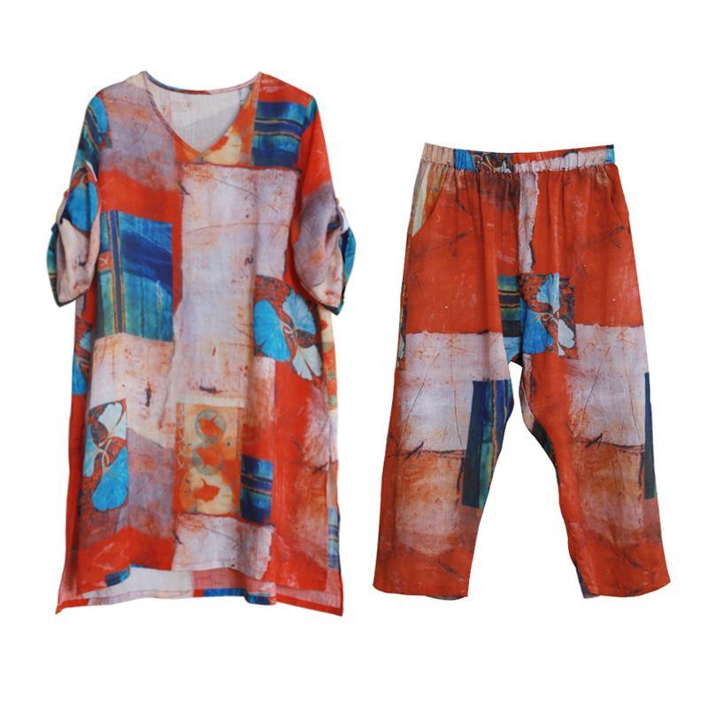 Red printed suit women loose mid-length shirt casual fashion two-piece suit