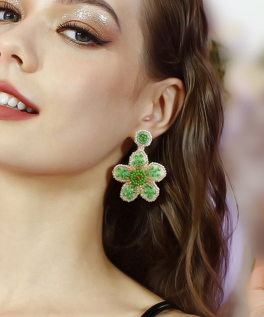 Regular Boutique Green Handmade Beading Knit Fabric Sequins Flower Drop Earrings
