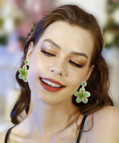 Regular Boutique Green Handmade Beading Knit Fabric Sequins Flower Drop Earrings