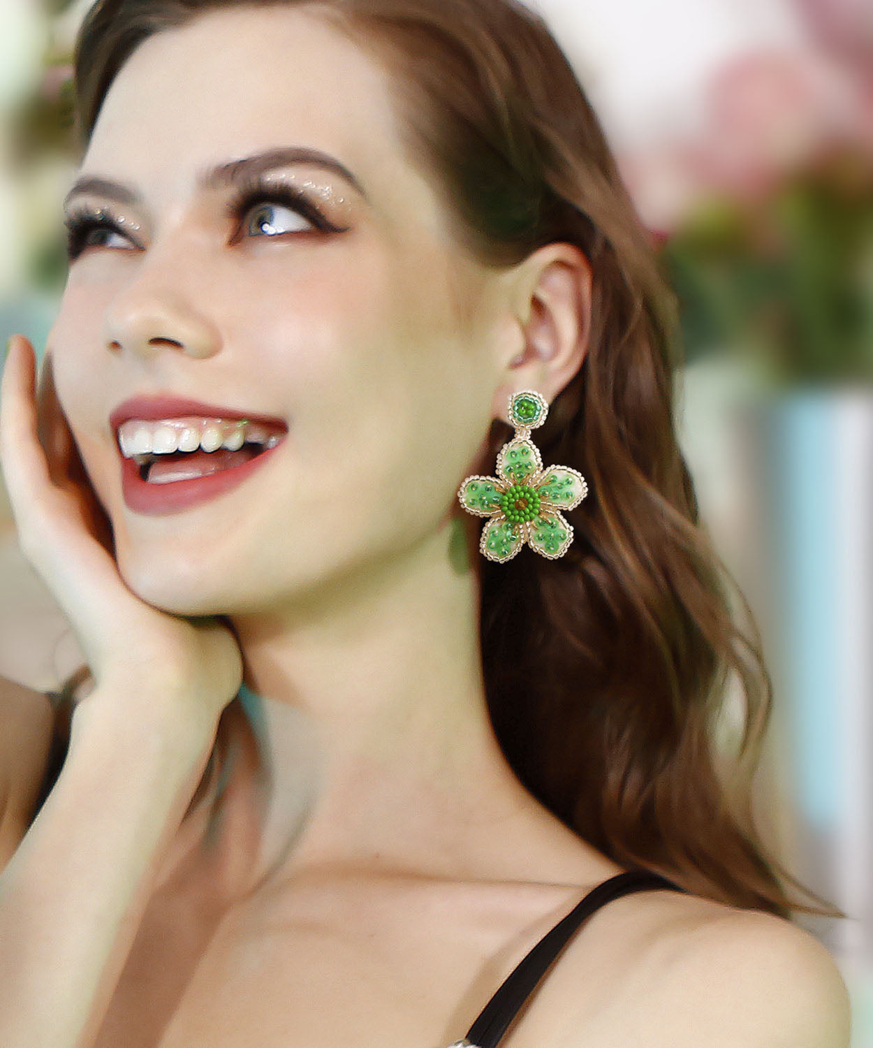 Regular Boutique Green Handmade Beading Knit Fabric Sequins Flower Drop Earrings