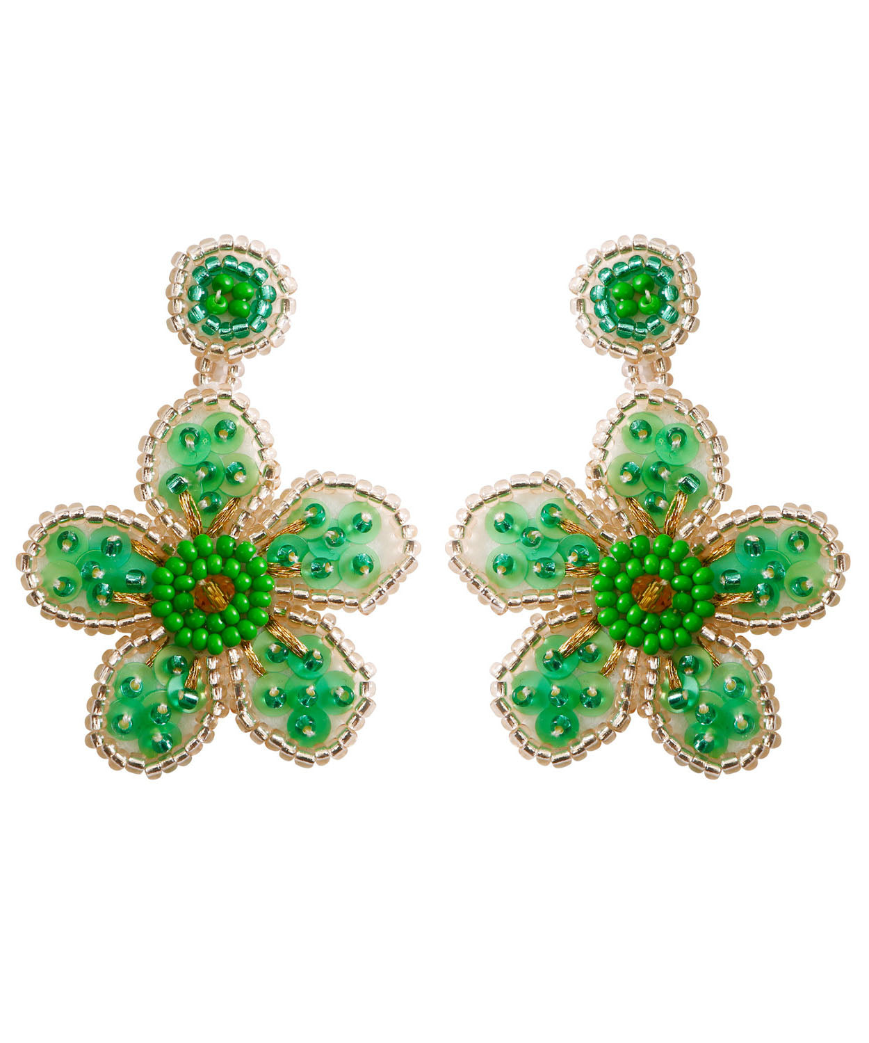 Regular Boutique Green Handmade Beading Knit Fabric Sequins Flower Drop Earrings