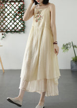 Load image into Gallery viewer, Retro Beige Embroideried Wrinkled Patchwork Long Linen Sundress Summer