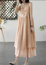Load image into Gallery viewer, Retro Beige Embroideried Wrinkled Patchwork Long Linen Sundress Summer