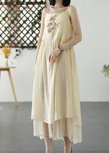 Load image into Gallery viewer, Retro Beige Embroideried Wrinkled Patchwork Long Linen Sundress Summer
