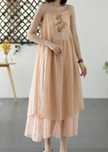 Load image into Gallery viewer, Retro Beige Embroideried Wrinkled Patchwork Long Linen Sundress Summer