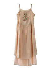 Load image into Gallery viewer, Retro Beige Embroideried Wrinkled Patchwork Long Linen Sundress Summer