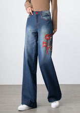 Load image into Gallery viewer, Retro Blue Embroideried Pockets Patchwork Denim Wide Leg Pants Spring