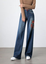 Load image into Gallery viewer, Retro Blue Embroideried Pockets Patchwork Denim Wide Leg Pants Spring