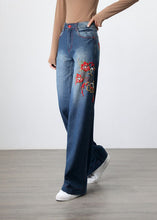 Load image into Gallery viewer, Retro Blue Embroideried Pockets Patchwork Denim Wide Leg Pants Spring