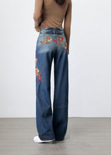 Load image into Gallery viewer, Retro Blue Embroideried Pockets Patchwork Denim Wide Leg Pants Spring