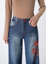 Load image into Gallery viewer, Retro Blue Embroideried Pockets Patchwork Denim Wide Leg Pants Spring