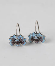 Load image into Gallery viewer, Retro Blue Sterling Silver Cloisonne Peony Stud Earrings