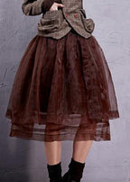 Retro Chocolate Elastic Waist Organza A Line Skirts Spring