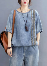 Load image into Gallery viewer, Retro Denim Blue O-Neck Patchwork Top Half Sleeve